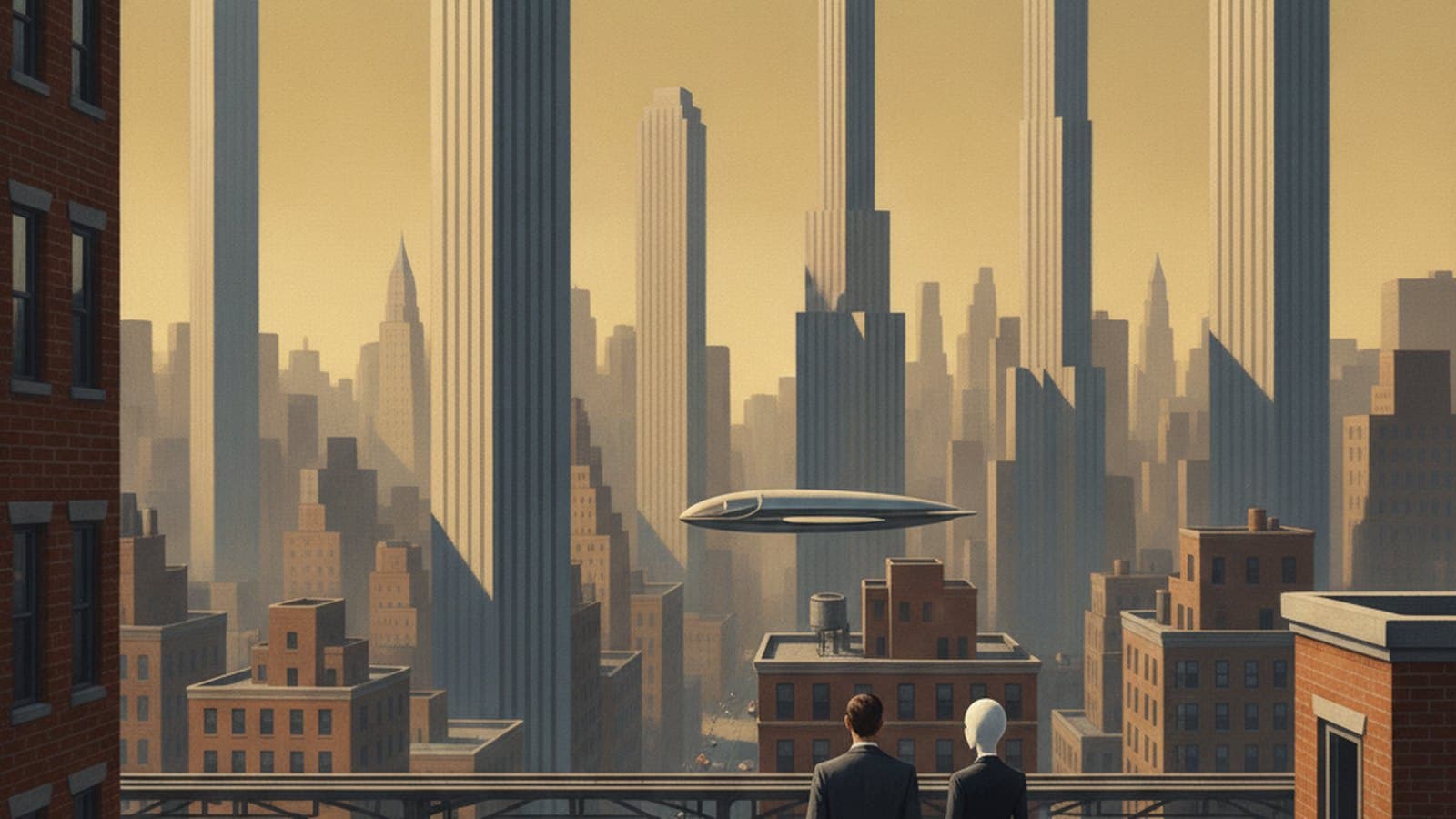 Edward Hopper style painting of the Manhattan skyline at golden hour, two figures on a rooftop and a flying capsule
