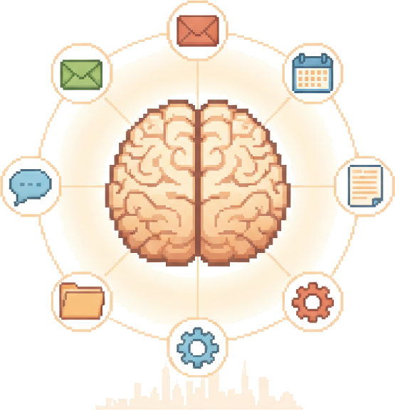 Pixel art of the firm's brain made of legal folders, coordinating its tools