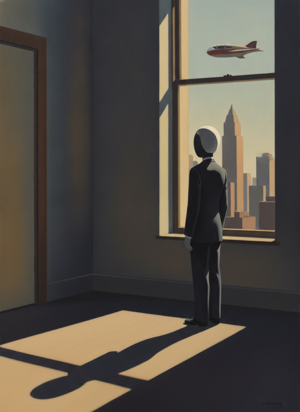Edward Hopper–style painting: a figure standing in a shaft of late-afternoon window light, the Manhattan skyline beyond